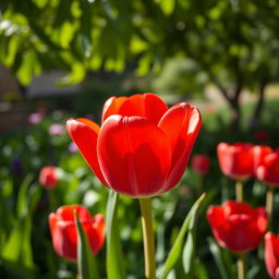 A vibrant and detailed depiction of a blooming tulip surrounded by lush green foliage