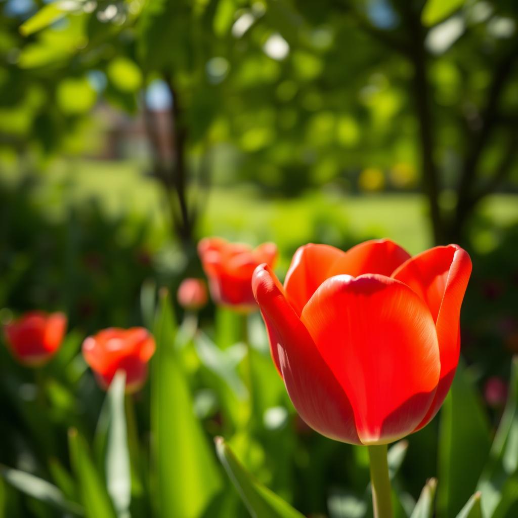 A vibrant and detailed depiction of a blooming tulip surrounded by lush green foliage
