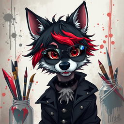 An anthropomorphic dog character with striking black, red, and white fur in an anime style