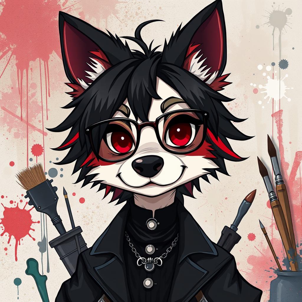 An anthropomorphic dog character with striking black, red, and white fur in an anime style