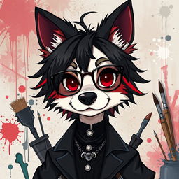 An anthropomorphic dog character with striking black, red, and white fur in an anime style