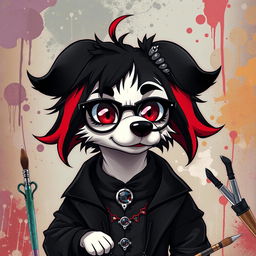 An anthropomorphic dog character with striking black, red, and white fur in an anime style
