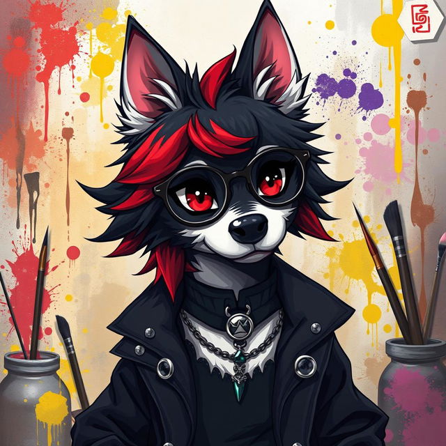 An anthropomorphic dog character with striking black, red, and white fur in an anime style