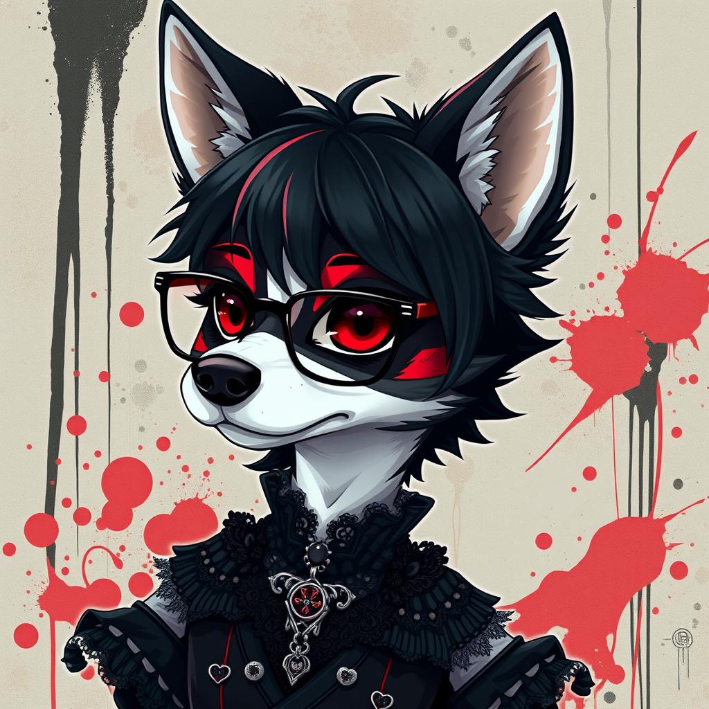 An anthropomorphic dog character with black, red, and white fur, depicted in an anime style