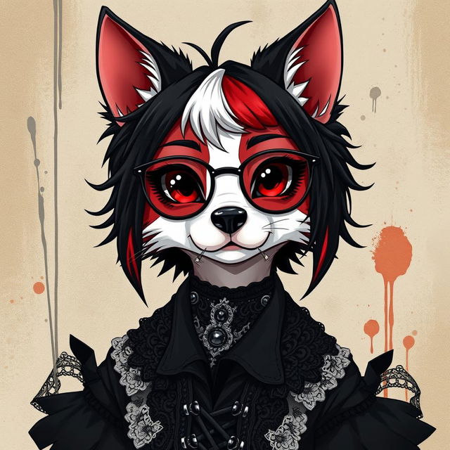 An anthropomorphic dog character with black, red, and white fur, depicted in an anime style