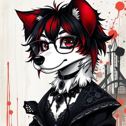 An anthropomorphic dog character with black, red, and white fur, depicted in an anime style
