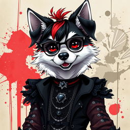 An anthropomorphic dog character with black, red, and white fur, depicted in an anime style