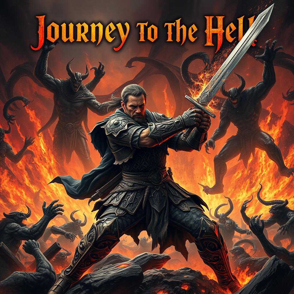 A fierce battle scene depicting a man in intricate, battle-worn armour, engaged in combat against terrifying demons in a fiery, hellish landscape