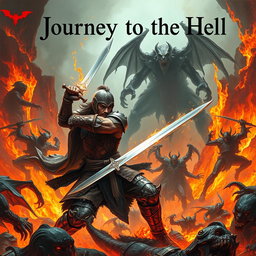 A fierce battle scene depicting a man in intricate, battle-worn armour, engaged in combat against terrifying demons in a fiery, hellish landscape