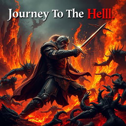 A fierce battle scene depicting a man in intricate, battle-worn armour, engaged in combat against terrifying demons in a fiery, hellish landscape