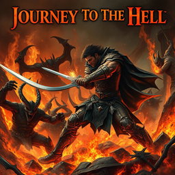 A fierce battle scene depicting a man in intricate, battle-worn armour, engaged in combat against terrifying demons in a fiery, hellish landscape