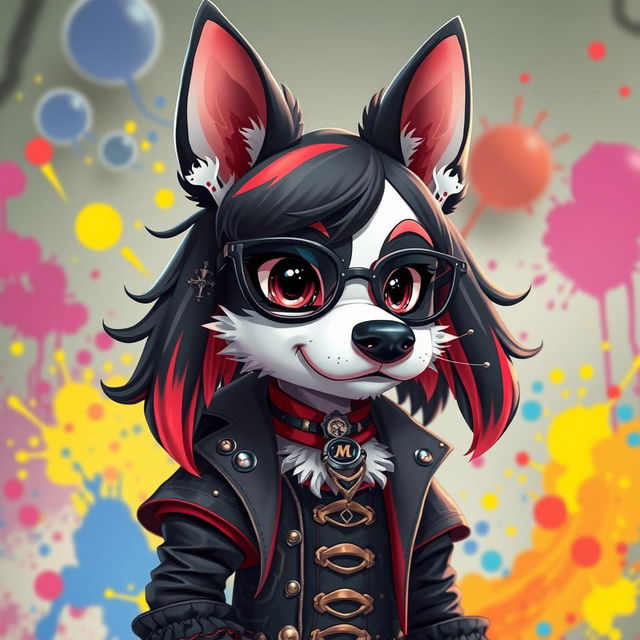 An anthropomorphic dog character with black, red and white fur, designed in a vibrant anime style
