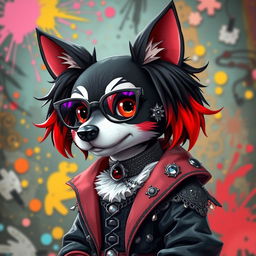 An anthropomorphic dog character with black, red and white fur, designed in a vibrant anime style