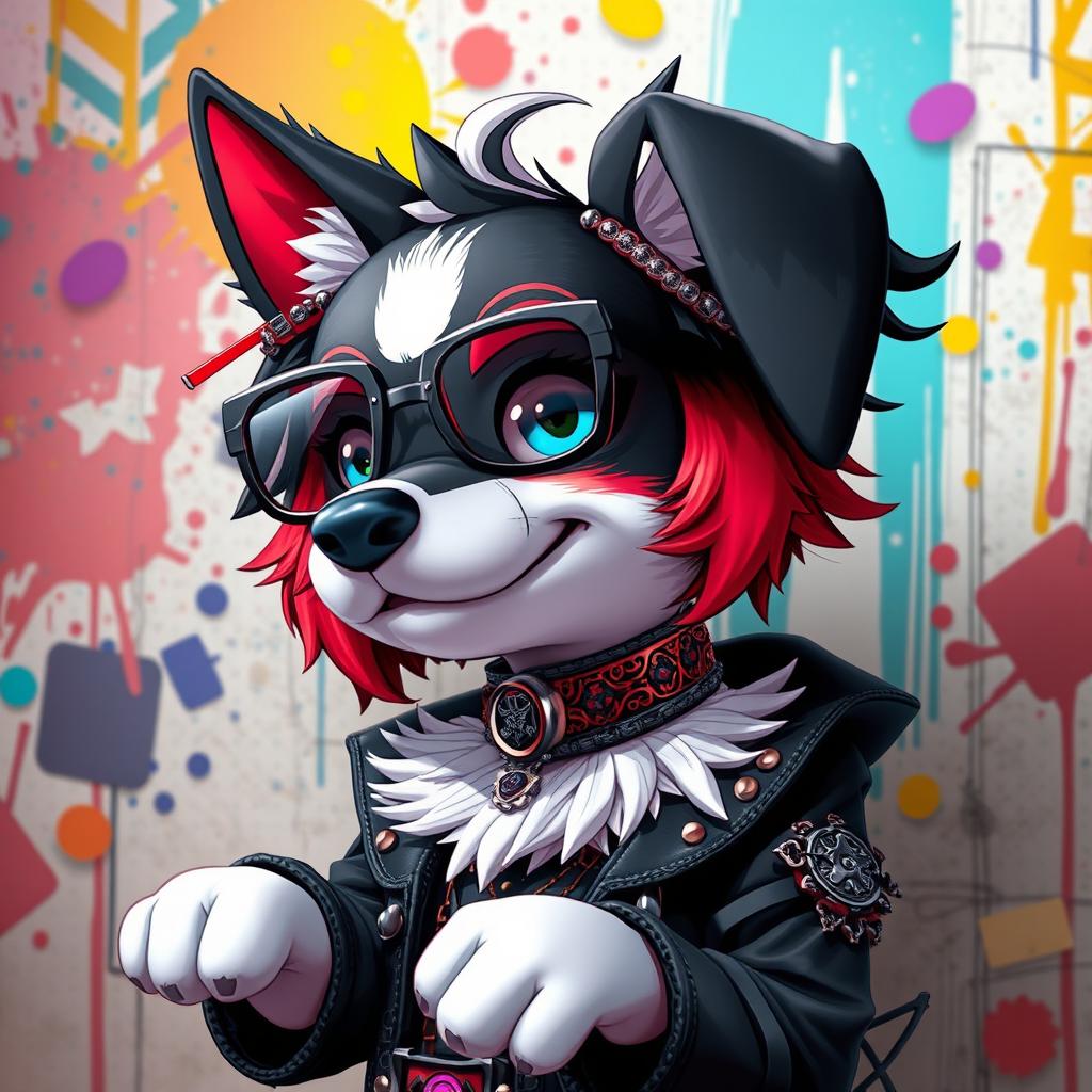 An anthropomorphic dog character with black, red and white fur, designed in a vibrant anime style