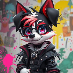 An anthropomorphic dog character with black, red and white fur, designed in a vibrant anime style