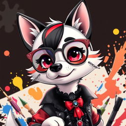 An anthropomorphic dog character with sleek black, red, and white fur, styled in a vibrant anime aesthetic