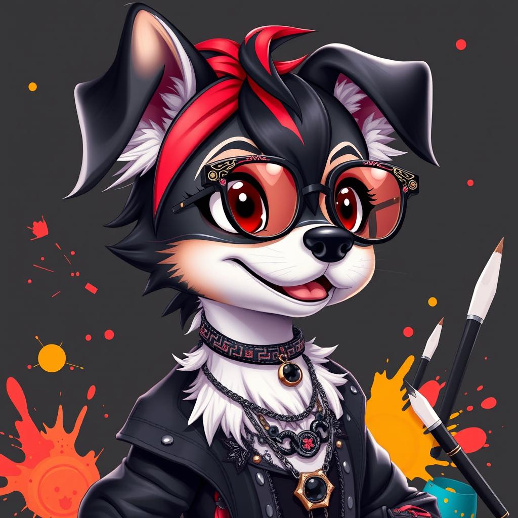 An anthropomorphic dog character with sleek black, red, and white fur, styled in a vibrant anime aesthetic