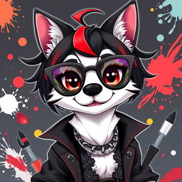 An anthropomorphic dog character with sleek black, red, and white fur, styled in a vibrant anime aesthetic