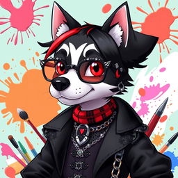 An anthropomorphic dog character with sleek black, red, and white fur, styled in a vibrant anime aesthetic