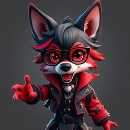 An energetic anthropomorphic dog character with a striking appearance featuring a blend of black, red, and white fur