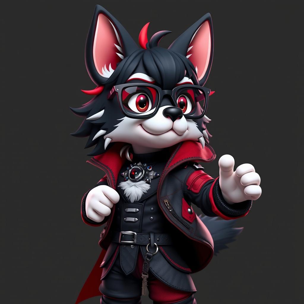An energetic anthropomorphic dog character with a striking appearance featuring a blend of black, red, and white fur