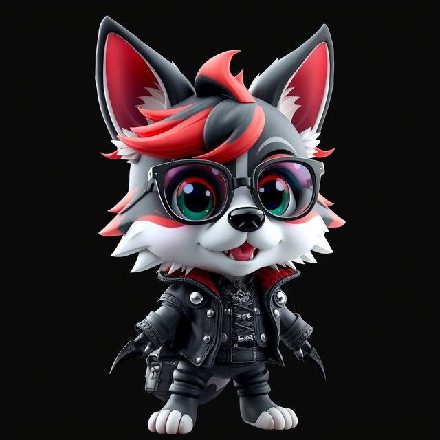 An energetic anthropomorphic dog character with a striking appearance featuring a blend of black, red, and white fur