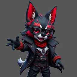 An energetic anthropomorphic dog character with a striking appearance featuring a blend of black, red, and white fur