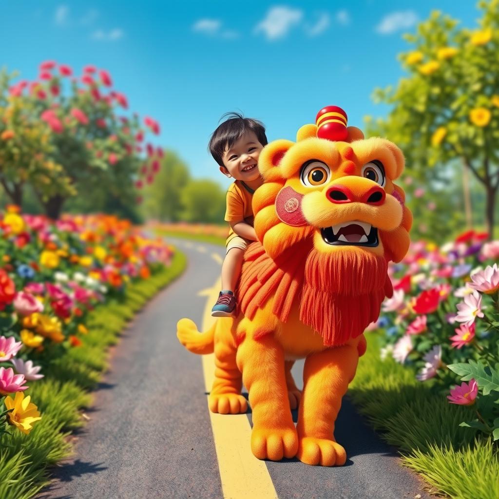 A vibrant and colorful scene featuring a child of Chinese descent joyfully sitting on a majestic lion