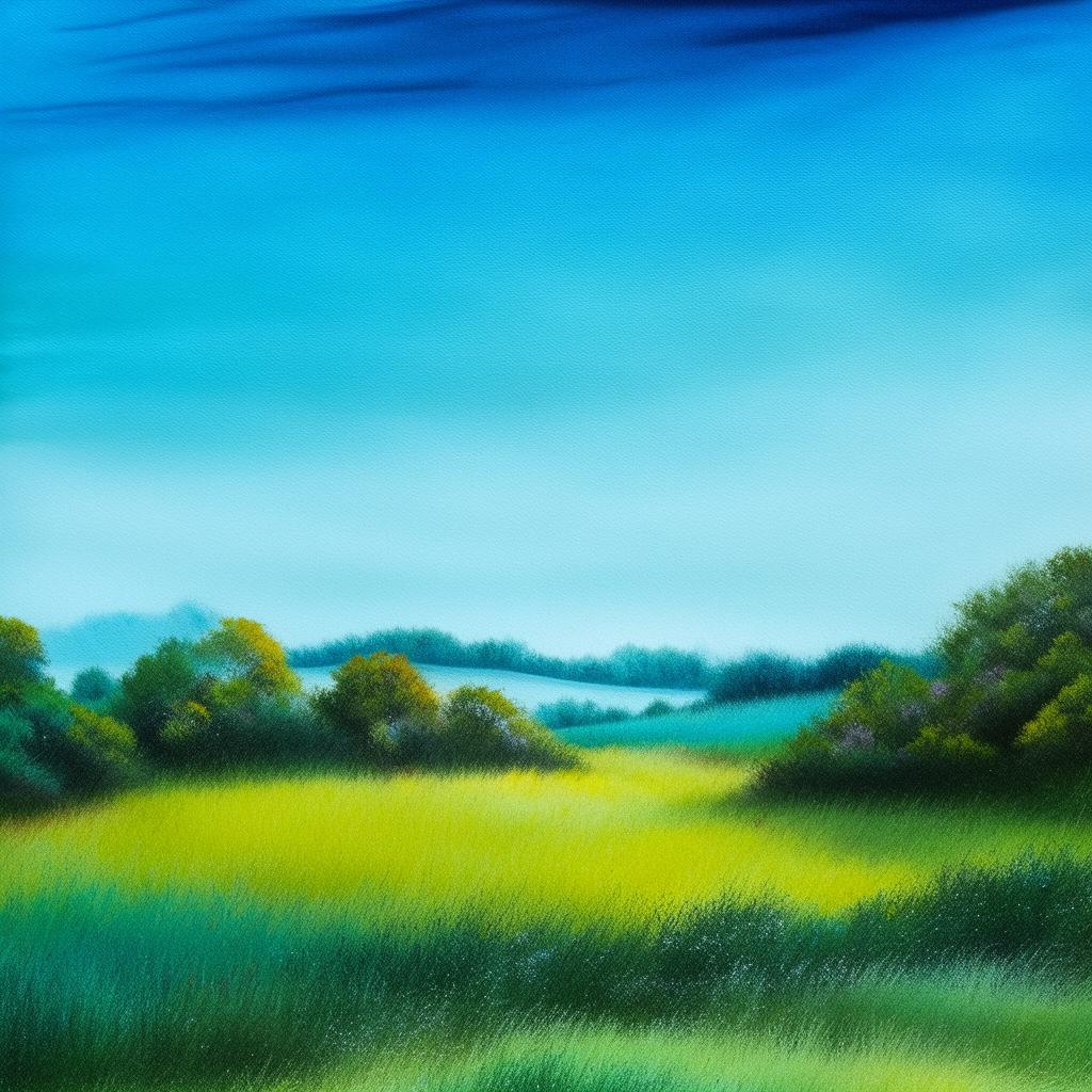 Intensify the cheerful mood of the vibrant John William North-style landscape painting by using more blues and greens to illuminate and broaden the sky.