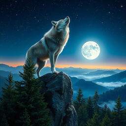 A majestic wolf standing atop a rocky ledge during twilight, howling at the moon