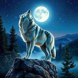 A majestic wolf standing atop a rocky ledge during twilight, howling at the moon