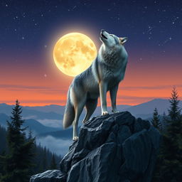 A majestic wolf standing atop a rocky ledge during twilight, howling at the moon