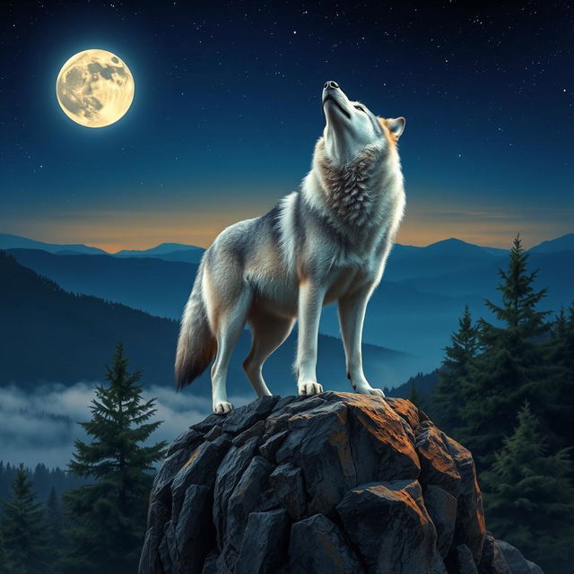 A majestic wolf standing atop a rocky ledge during twilight, howling at the moon