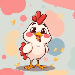 A whimsical cartoon image of a chicken with a vibrant and playful expression, set against a colorful background of abstract shapes and patterns that evoke a fun and lighthearted atmosphere