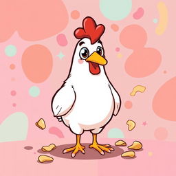 A whimsical cartoon image of a chicken with a vibrant and playful expression, set against a colorful background of abstract shapes and patterns that evoke a fun and lighthearted atmosphere