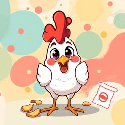 A whimsical cartoon image of a chicken with a vibrant and playful expression, set against a colorful background of abstract shapes and patterns that evoke a fun and lighthearted atmosphere