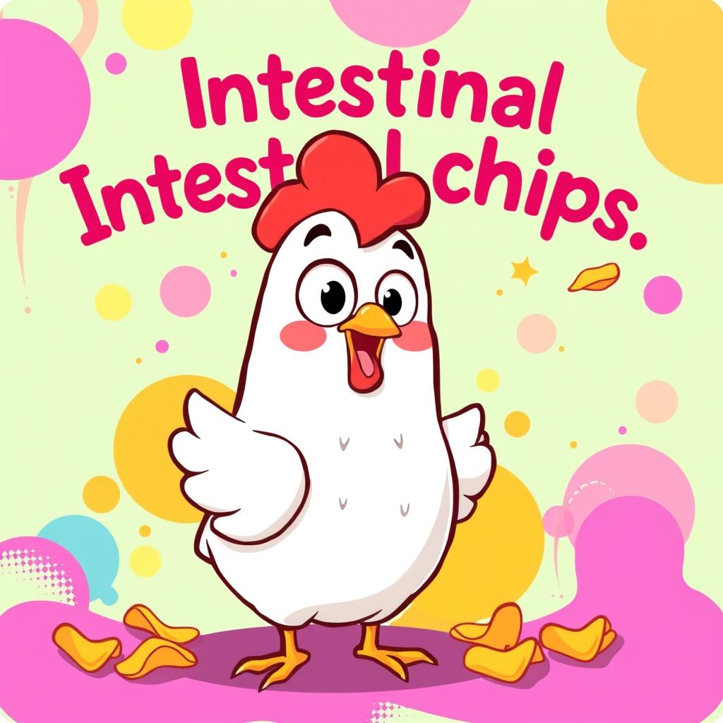 A whimsical cartoon image of a chicken with a vibrant and playful expression, set against a colorful background of abstract shapes and patterns that evoke a fun and lighthearted atmosphere