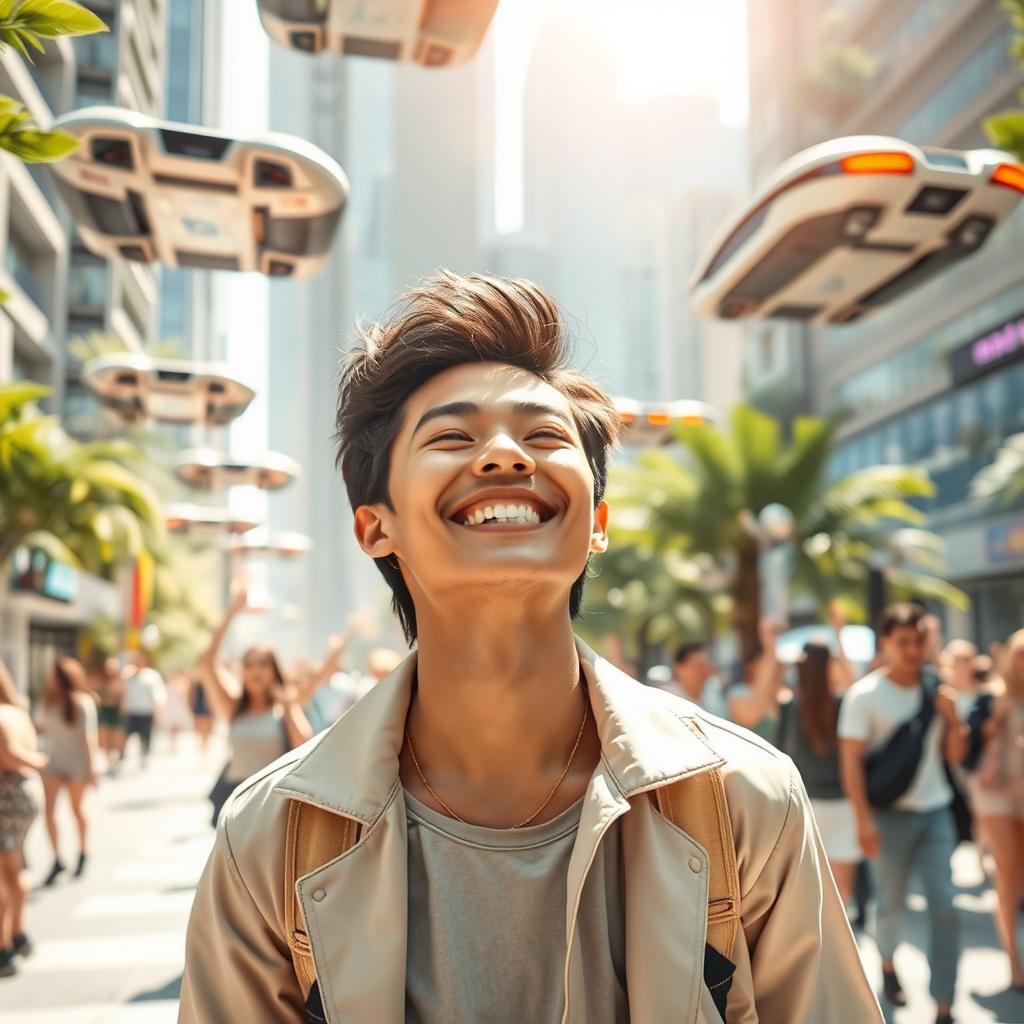 A joyful scene depicting a person 20 years in the future, radiating happiness in a vibrant futuristic city