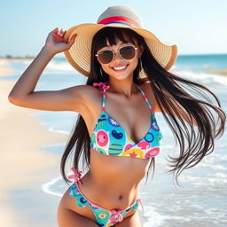 A cute Japanese girl with an attractive smile, showcasing her big boobs, wearing a vibrant, sexy bikini that features playful patterns and bright colors