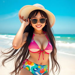 A cute Japanese girl with an attractive smile, showcasing her big boobs, wearing a vibrant, sexy bikini that features playful patterns and bright colors