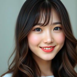 A close-up portrait of a young woman with stunning Korean curtain bangs that elegantly frame her face