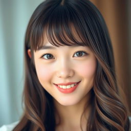 A close-up portrait of a young woman with stunning Korean curtain bangs that elegantly frame her face