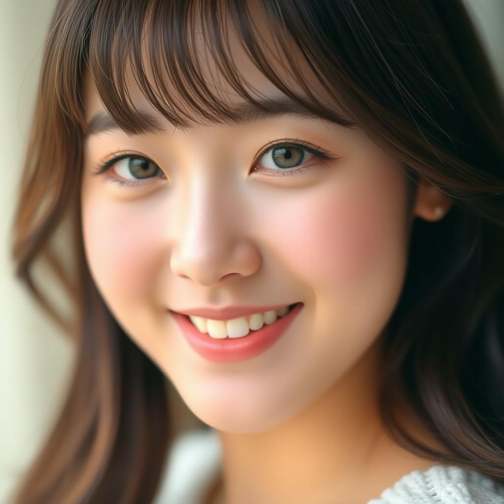 A close-up portrait of a young woman with stunning Korean curtain bangs that elegantly frame her face