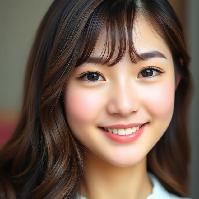 A close-up portrait of a young woman with stunning Korean curtain bangs that elegantly frame her face