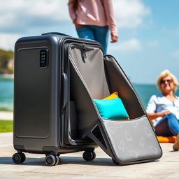 An innovative suitcase that transforms into a stylish chair, featuring a sleek and modern design