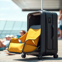 An innovative suitcase that transforms into a stylish chair, featuring a sleek and modern design