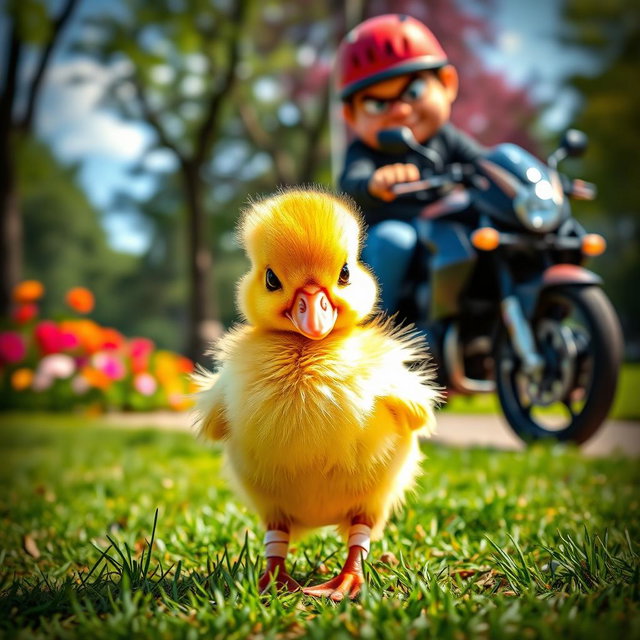 A cute baby duckling standing in a park, looking slightly distressed with her feet surrounded by a tiny bandage, showcasing her adorable features such as fluffy yellow feathers and big, sad eyes
