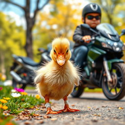 A cute baby duckling standing in a park, looking slightly distressed with her feet surrounded by a tiny bandage, showcasing her adorable features such as fluffy yellow feathers and big, sad eyes