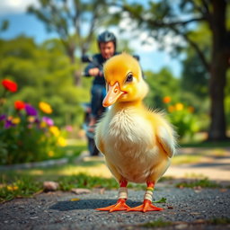 A cute baby duckling standing in a park, looking slightly distressed with her feet surrounded by a tiny bandage, showcasing her adorable features such as fluffy yellow feathers and big, sad eyes