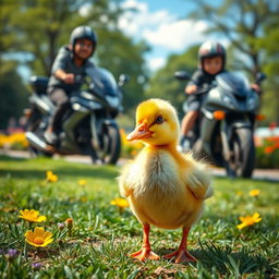 A cute baby duckling standing in a park, looking slightly distressed with her feet surrounded by a tiny bandage, showcasing her adorable features such as fluffy yellow feathers and big, sad eyes